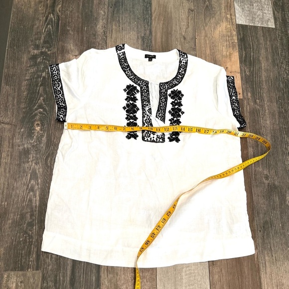 Talbots White Linen Black Beaded Split Neck Tassel Short Sleeve Top Blouse Large - Picture 7 of 8